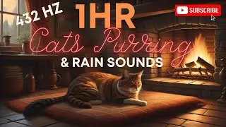 Relaxing Cat Purring sounds with 432hz music, Rain and a crackling fireplace