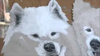 &Ouml;l-Tierportrait Holzschild Samojeden / Pet portrait Samoyeds in oil on wood