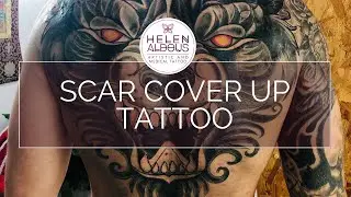 Scar Cover Up Tattoo. Wolf Back Piece by Helen Aldous