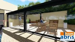 Projet 3D Pergola avec fermeture rideau de verre et store toiture, protection solaire