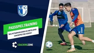 Fussballtraining: Positionstraining | Ballmitnahmen durch die Mittelspur zum doppelten 2 gegen 1