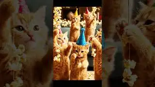 Playful kittens wearing party hats paw at dangling popcorn strings by chance in festive room