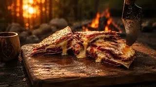 ASMR Smoked Cheese Meat Sandwich on Fire | Grilled Pita Snack with Crackling Bacon