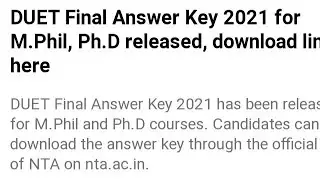 DUET FINAL ANSWER KEY 2021 FOR M.PHIL,PH.D RELEASED,LATEST NEWS FOR DUET RESULT FOR MPHIL AND PHD