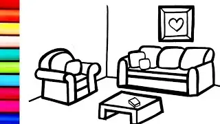 Living Room Drawing, Colouring | How to Draw Sofa and Living Room || Sofa Drawing Step by step