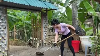 The girl started building the pond aloneExpanding the farm grounds.