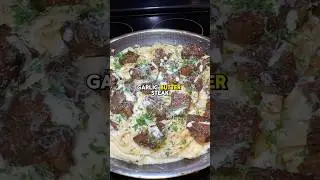 Garlic Butter Steak Bites Alfredo Pasta 🔥 recipe (description) ↗️ #garlic #butter #steak #pasta
