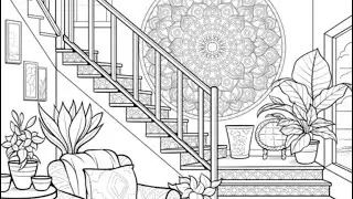 Living Room with Stairs Mandala Wall Decoration PBN Coloring Book #PaintbyNumbers