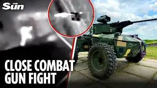 Moment machine gun robot fights Russian soldier in deserted town as Ukraine retakes land