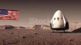 Descent Module Of Commercial Spacecraft On Surface Of Planet Mars And American Flag stock video