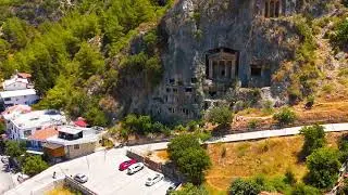 Dolly zoom. Fethiye, Turkey. Adventure travel destination with ancient Lycian rock cut tombs embe...