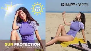Huge Sports Women Short Sleeve Rash Guard UPF 50+ Sun Shirts Surf Swim Shirts Swimsuit Top