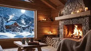 Winter Cabin Interior Ambience | Snowdrop Flowers, Firelight & Soft Snow | Relaxing Sleep Music