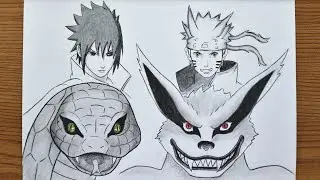 How To Draw Sasuke Rinnegan & Naruto Six Paths With Manda And Kurama || Epic Pencil Drawing