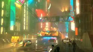Sci fi futuristic city at night with aerial city traffic and peoples