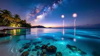 Tropical Night & Coastal Calm: Serene Tropical Beach & Fireworks Display