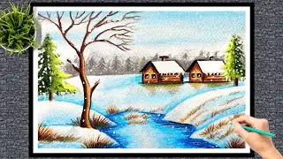 winter season scenery drawing/ snowfall scenery drawing/winter season drawing with oil pastel colour