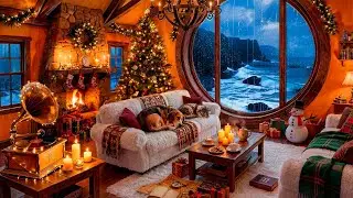 Winter Jazz Cozy Cottage by the Sea &ndash; Fireplace, Rain & Ocean Sounds for Sleep, Study & Relax (4K)