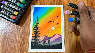 Oil Pastels Sunset Scenery Drawing | Simple Mountain Landscape for Beginners