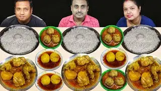 SPICY CHICKEN CURRY WITH EGG CURRY SOYABEAN CURRY RICR EATING CHALLENGE // food family & more