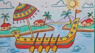 Onam drawing scene // Onam snake boat drawing easy // Onam festival drawing scenery 