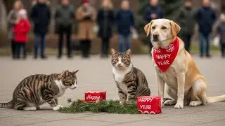 Adorable Cats and Dogs Celebrating New Year
