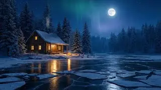 Icy Winter Lake Ambience ❄️ Owls, Cracking Ice, Fireplace & Northern Lights ❄️Winter Cabin