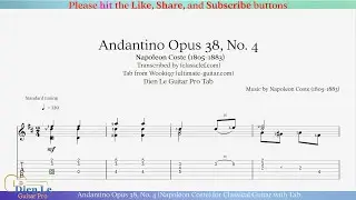 Andantino Opus 38, No. 4 (Napol&eacute;on Coste) for Classical Guitar with Tab