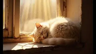 A fluffy cat sleeping on a windowsill, warm sunlight streaming in, dust pa
