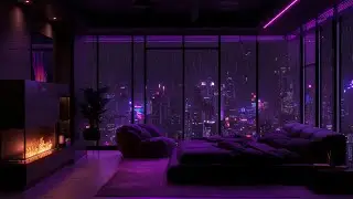 Rainy Night City Ambience 🌧️ Cozy Purple Room Piano Music for Deep, Peaceful Sleep All Night(No Ads)