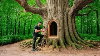 🌳 Building a Hidden Bushcraft Shelter Inside an Ancient Tree | Rainforest Survival Adventure 🏕️🔥