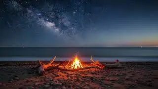 Campfire by the Ocean at Night  Fire & Ocean Waves Ambience  No Music