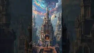 Fantasy Pipe Organ Tower with Garland under Swirling Skies