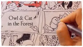 Line Drawing Process for YouTube Banner | Cat, Owl & Floral Ink Art