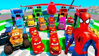 SPIDERMAN McQueen CARS STUNTS! Lightning McQueen vs Jackson Storm! Mack Truck Crane Jumps - GTA 5