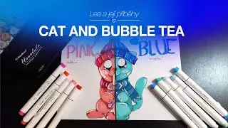 Painting Cute Cat Bubble tea with markers - Red and Blue