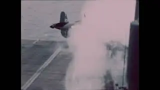 A F4U Corsair crashes on the carrier and goes overboard!  USS Gilbert Islands (CVE-107) WW2
