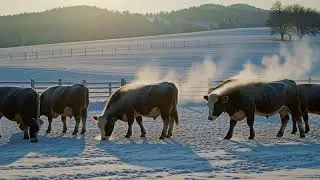 Cows grazing in a snowy field at sunrise with visible breath