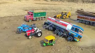 JCB Tractor Cartoon _ Tata Petrol Tanker Accident Pulling Out Auto Rickshaw Tractor Bike _ AJ TOYS