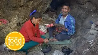 nettle soup cooking and eating in the cave || village food kitchen || lajimbudha ||
