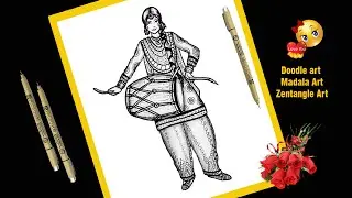 Easy Girl with Dhol / Dooddle, Zentangle Art of a girl / Drawing for Beginners