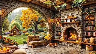 Fireplace Jazz Music at Morning Spring Porch Ambience in Stone Cottage for Relax and Calm Sleep