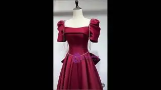 kemedress A-Line Burgundy Satin Square Neck Short Sleeve Prom Dress