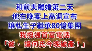 和前夫離婚第二天，他在晚宴上高调宣布，讓私生子繼承80億集團，我撥通首富電話「爸， 讓何氏今晚破產！」#阿木講故事#為人處世#生活經驗#情感故事#養老#睡前故事