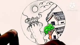 Easy beautiful drowning step by step circle Riverside sunset scenery drawing ll Easy circle scenery 