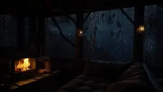 Relaxing Rain and Fireplace Sounds in Cozy Cabin Night for Sleep and Study Ambience