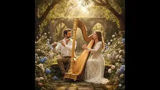 A beautiful European couple sitting together, performing music.