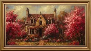 Rose Arbor Cottage Garden, Vintage Impressionist Oil Painting | Gold Framed TV Art Screensaver .
