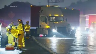 Big Rig Jackknifes on 405 Freeway to I-5 Transition Road in Sylmar