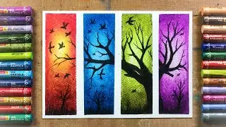 4 Types of Scenery with Oil Pastel | Oil Pastel drawing for Beginners | Tree Drawing by Oil Pastel